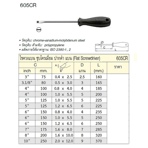 SKI - สกี จำหน่ายสินค้าหลากหลาย และคุณภาพดี | UNIOR 605CR ไขควงแกนใหญ่แบน 3นิ้วx0.4x2.5x2.5mm ชุบโครเมี่ยมปากดำ